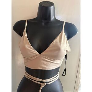 Forever 21 Women's Plunge V-Neck Tied Backless Crop Tank Top Beige Size Medium